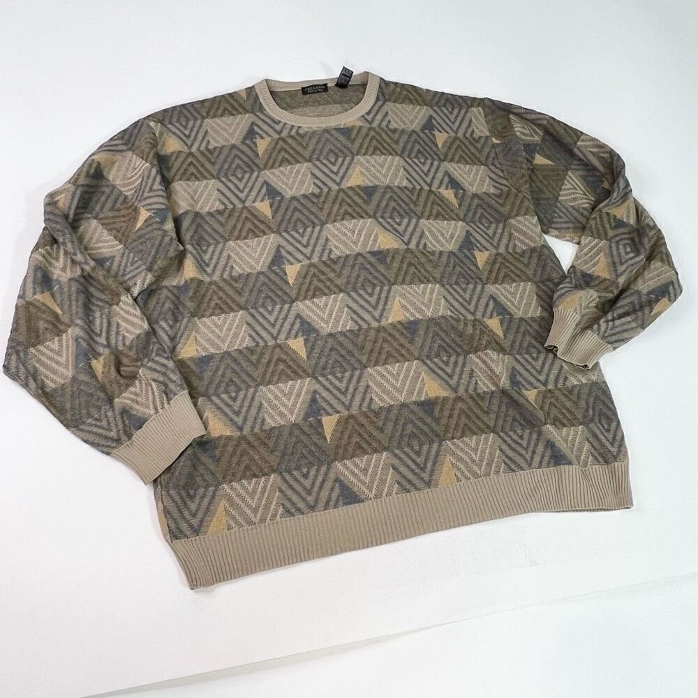 Cellinni Sweater Mens 2XL Tan Geometric Print Wool Blend Long Sleeve Knit Vtg